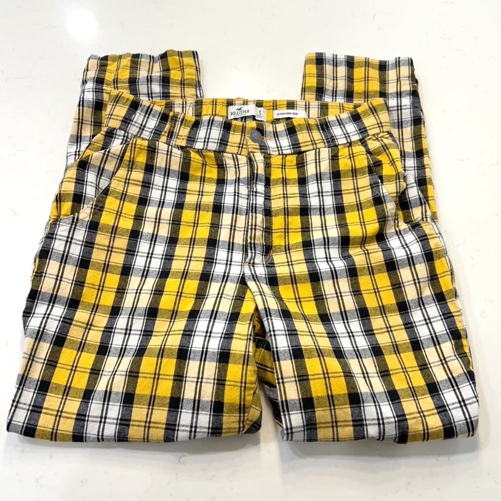 Hollister Pants Yellow Plaid Ultra High Rise Cropped Stretch Waist Size small